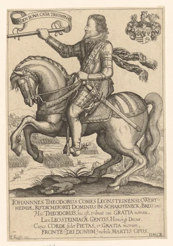 Portret van Johan Theodor Löwenstein te paard by Eberhard Kieser, print, 1593-1625