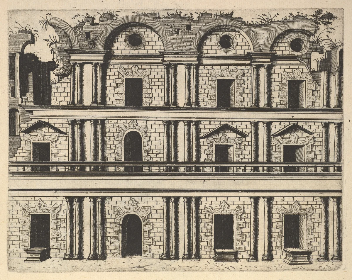 Ruin of a Palace Facade [Palatium M. Agrippa] from the series 'Ruinarum variarum fabricarum delineationes pictoribus caeterisque id genus artificibus multum utiles' by Lambert Suavius, book, 1554
