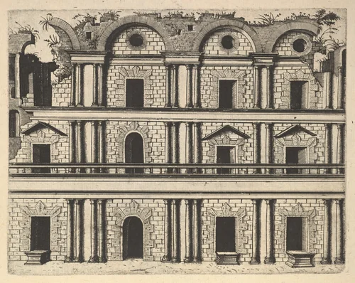 Ruin of a Palace Facade [Palatium M. Agrippa] from the series 'Ruinarum variarum fabricarum delineationes pictoribus caeterisque id genus artificibus multum utiles' by Lambert Suavius, book, 1554