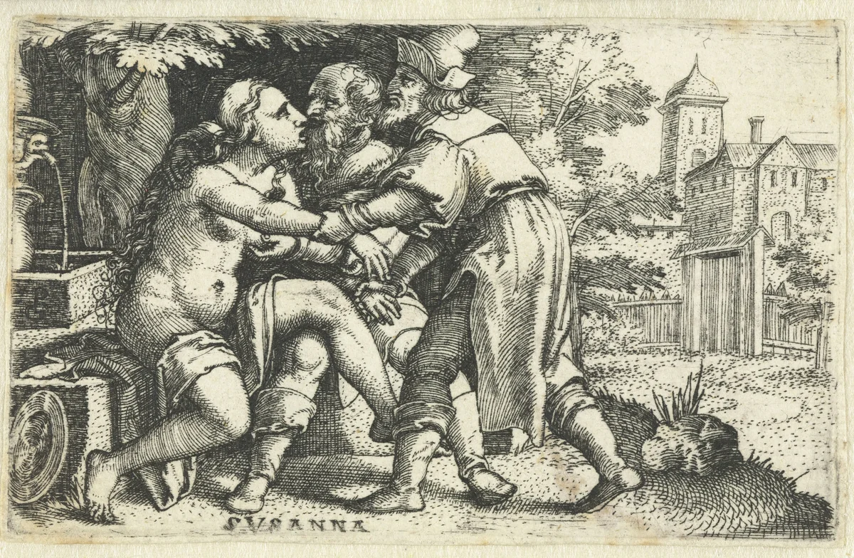 Susanna vastgepakt door twee oudsten by Unknown, print, 1530-1534