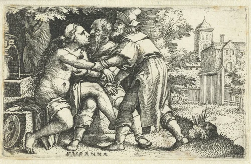 Susanna vastgepakt door twee oudsten by Unknown, print, 1530-1534