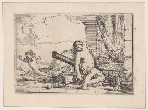Fire, represented by Venus seated before Vulcan's forge, with armor, a cannon, and cannon balls surrounding her, she turns her head toward Cupid, who stretches his body away from her, from "The Elements" by Giulio Carpioni, print, 1640-1660