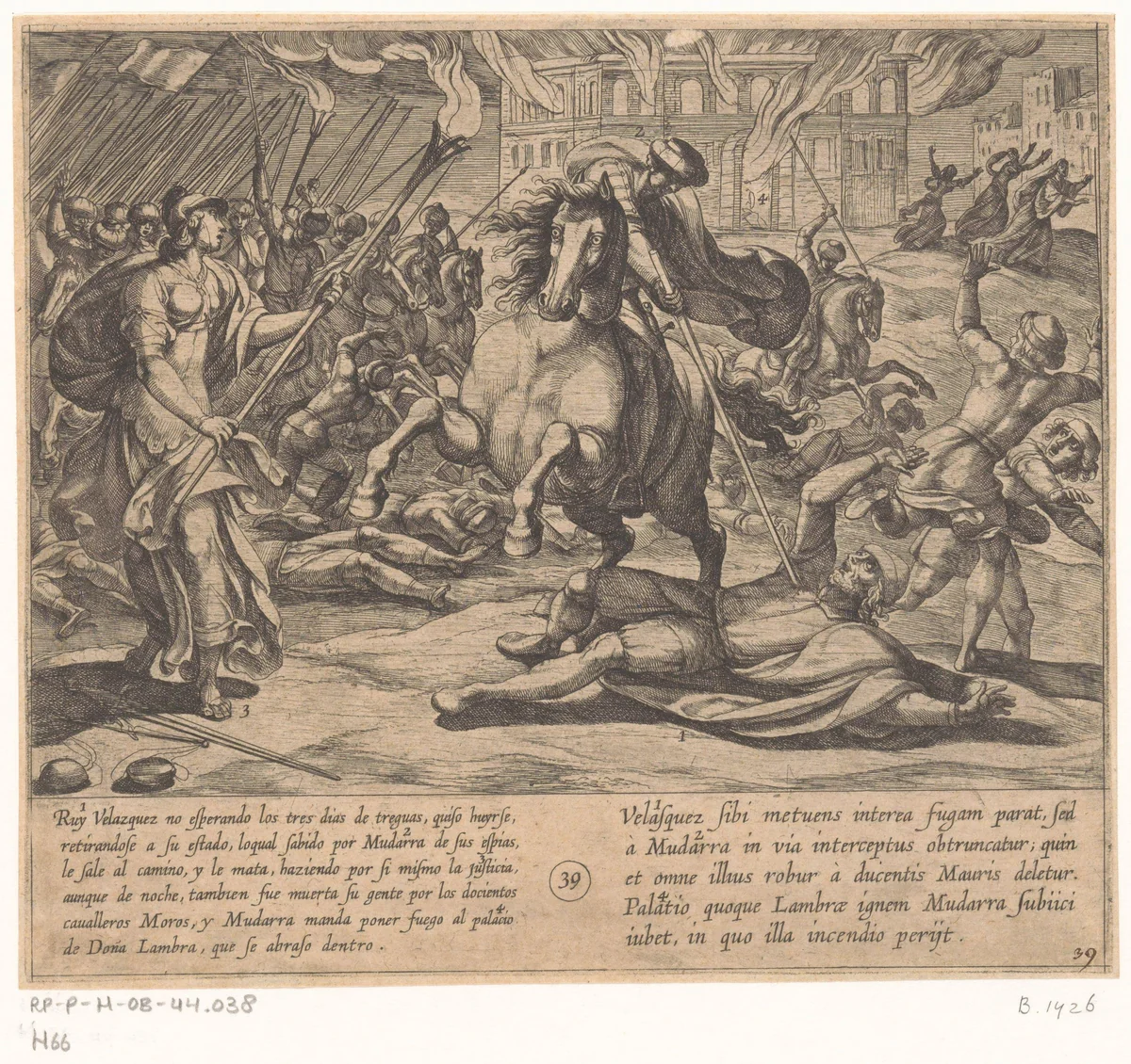 Ruy Velazquez probeert te ontsnappen en wordt door Mudarra afgeslacht by Antonio Tempesta, print, 1612