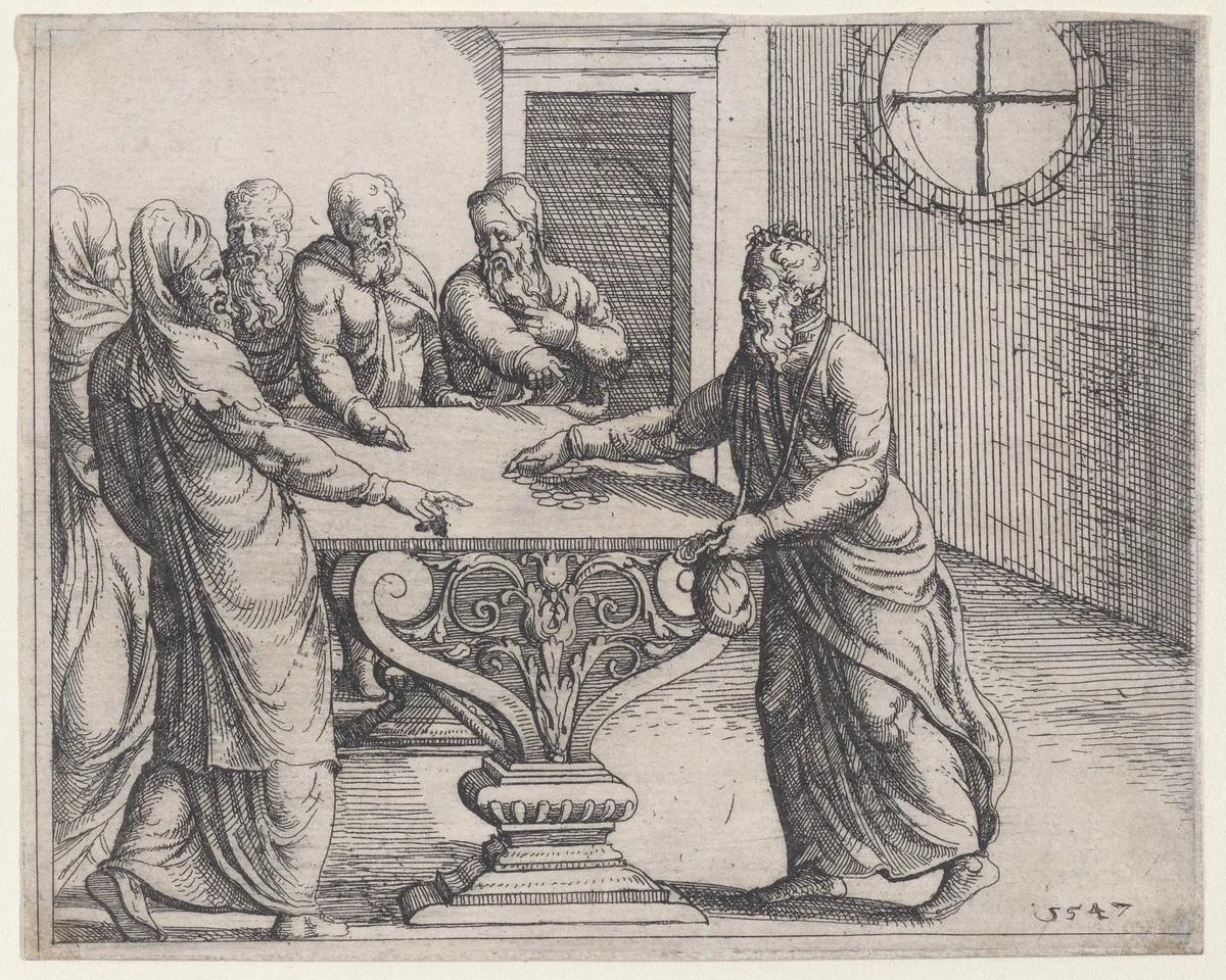 Judas Receiving the Wages of His Treason, from Old and New Testaments by Augustin Hirschvogel, print, 1547