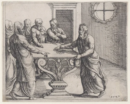 Judas Receiving the Wages of His Treason, from Old and New Testaments by Augustin Hirschvogel, print, 1547