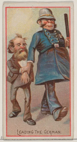 Caricatured figure / Leading the German, from the Jokes series (N87) for Duke brand cigarettes by W. Duke, Sons & Co., print, 1890