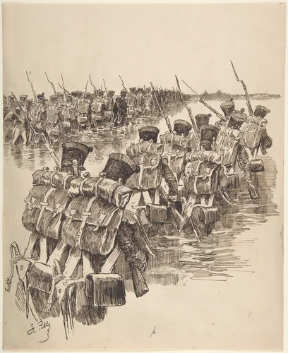 Soldiers Marching in Water by Charles-Henri Pille, drawing, 1860-1897