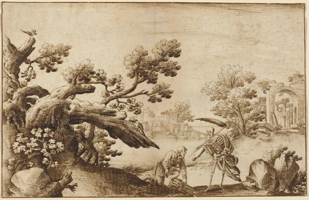Death and the Woodman in a Coastal Landscape with Ruins by Ercole Bazicaluva, drawing, 1610-1661