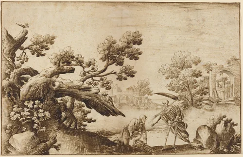 Death and the Woodman in a Coastal Landscape with Ruins by Ercole Bazicaluva, drawing, 1610-1661
