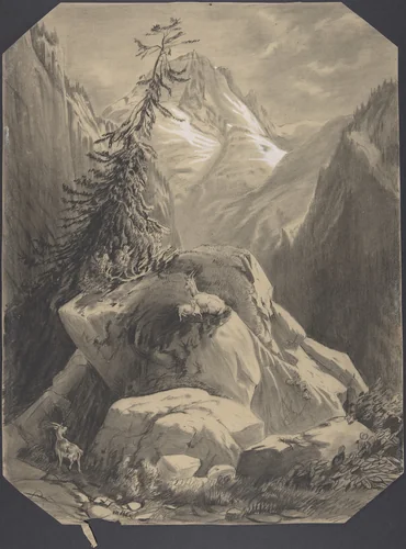 Three Goats in a Moutainous Landscape by Alexandre Calame, drawing, 1830-1864