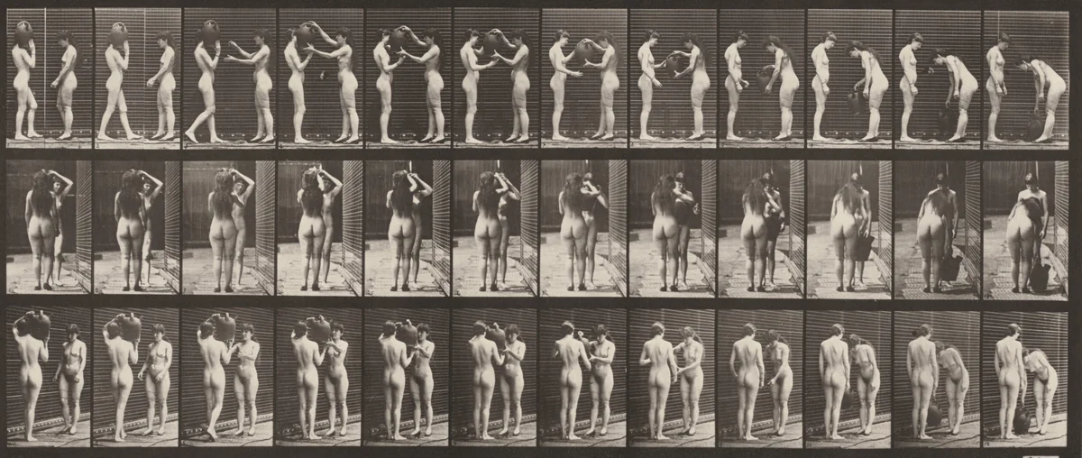 Plate Number 447. Woman taking a water jar from the shoulder of another woman by Eadweard Muybridge, photograph, 1887