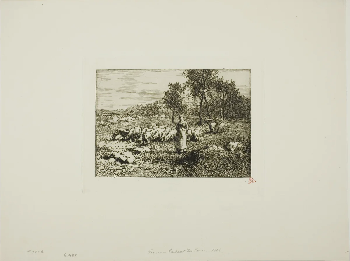 Woman Watching Over a Herd of Pigs by Charles-Émile Jacque, print, 1868