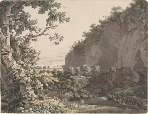 A Wooded Valley with Rocky Cliffs by Johann Conrad Steiner, drawing, 1785