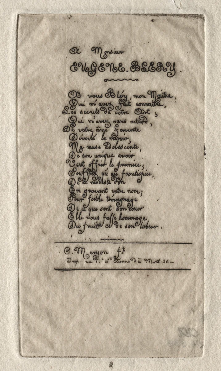 Verses to Eugène Bléry by Charles Meryon, print, 1854