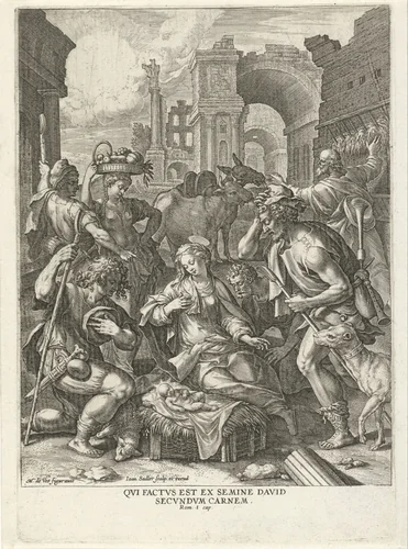 Aanbidding door de herders by Unknown, print, 1582-1584