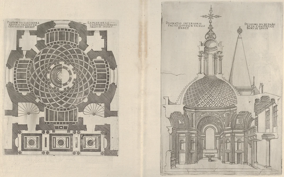 Cross sections of the Chapel at Chateau d'Anet by Jacques Androuet du Cerceau, print, 1607