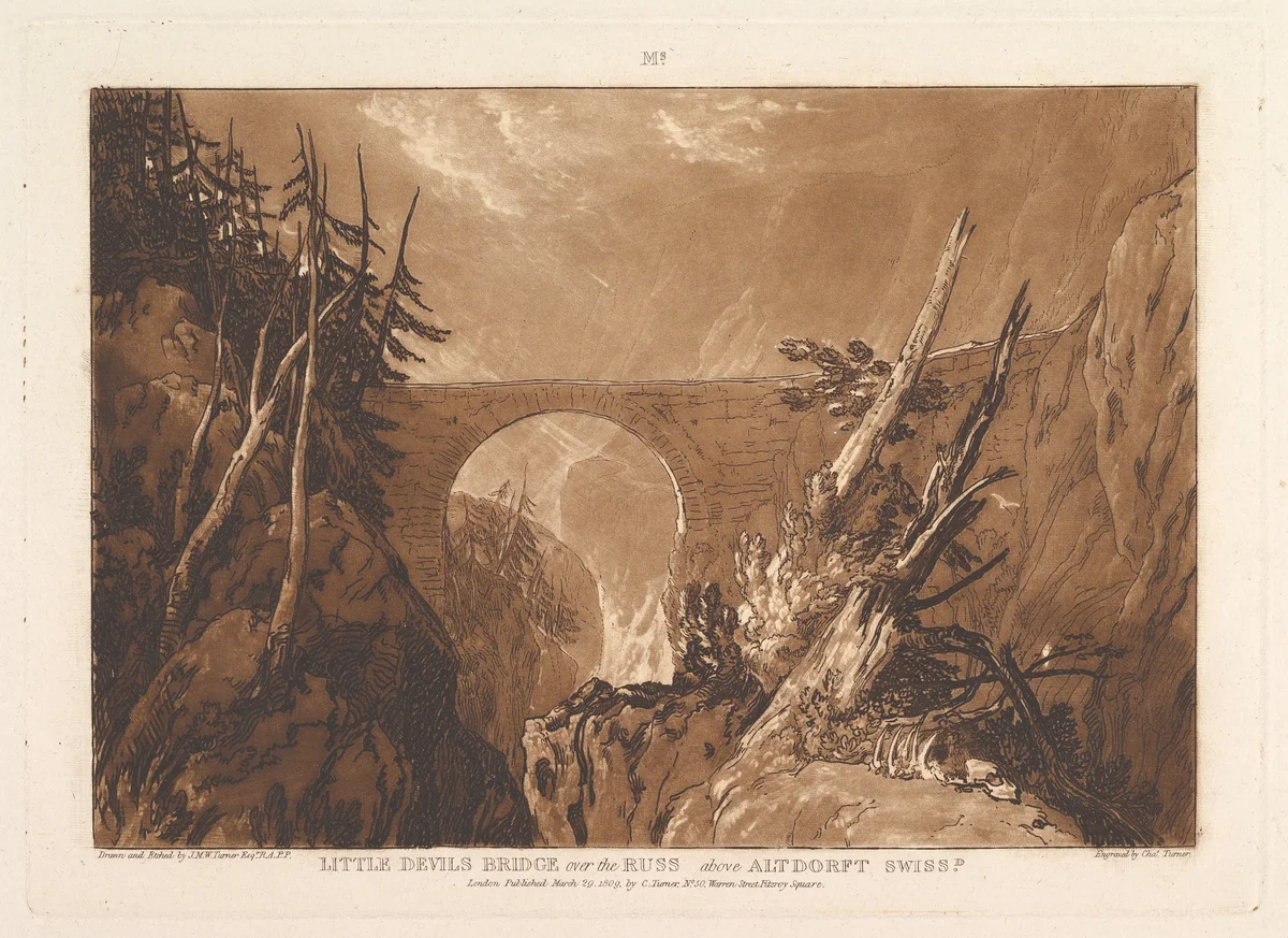 Little Devil's Bridge over the Russ, above Altdorft, Switzerland (Liber Studiorum, part IV, plate 19) by Joseph Turner, print, 1809
