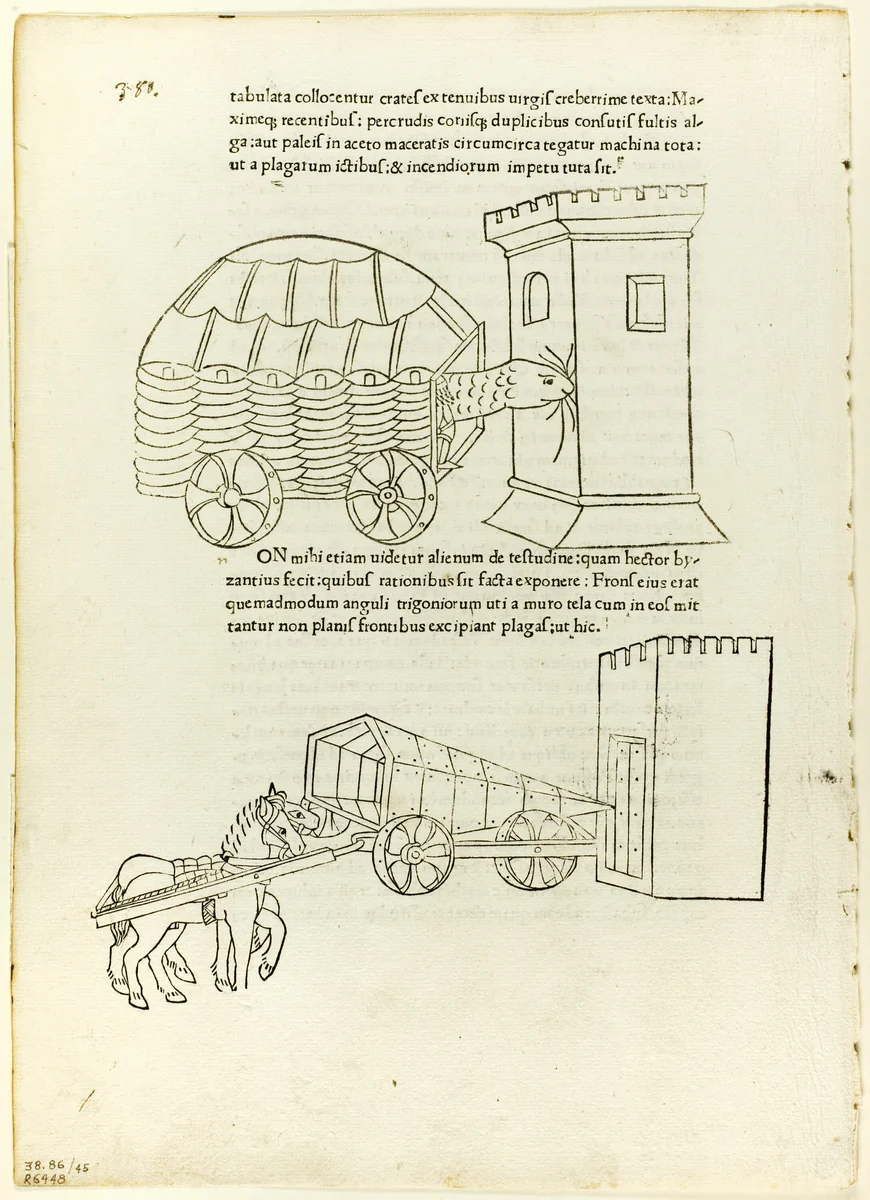 Battering Rams from De re militari (Concerning Military Matters), Plate 45 from Woodcuts from Books of the 15th Century by Matteo de' Pasti
Johannes Nicolai de Verona
Robertus Valturius
Wilhelm Ludwig Schreiber, print, 1472
