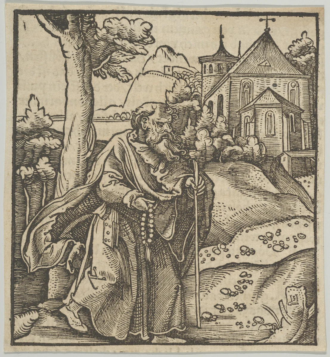 An Old Pilgrim Walking to the Right, from Hymmelwagen auff dem, wer wol lebt... by Hans Schäufelein, print, 1517