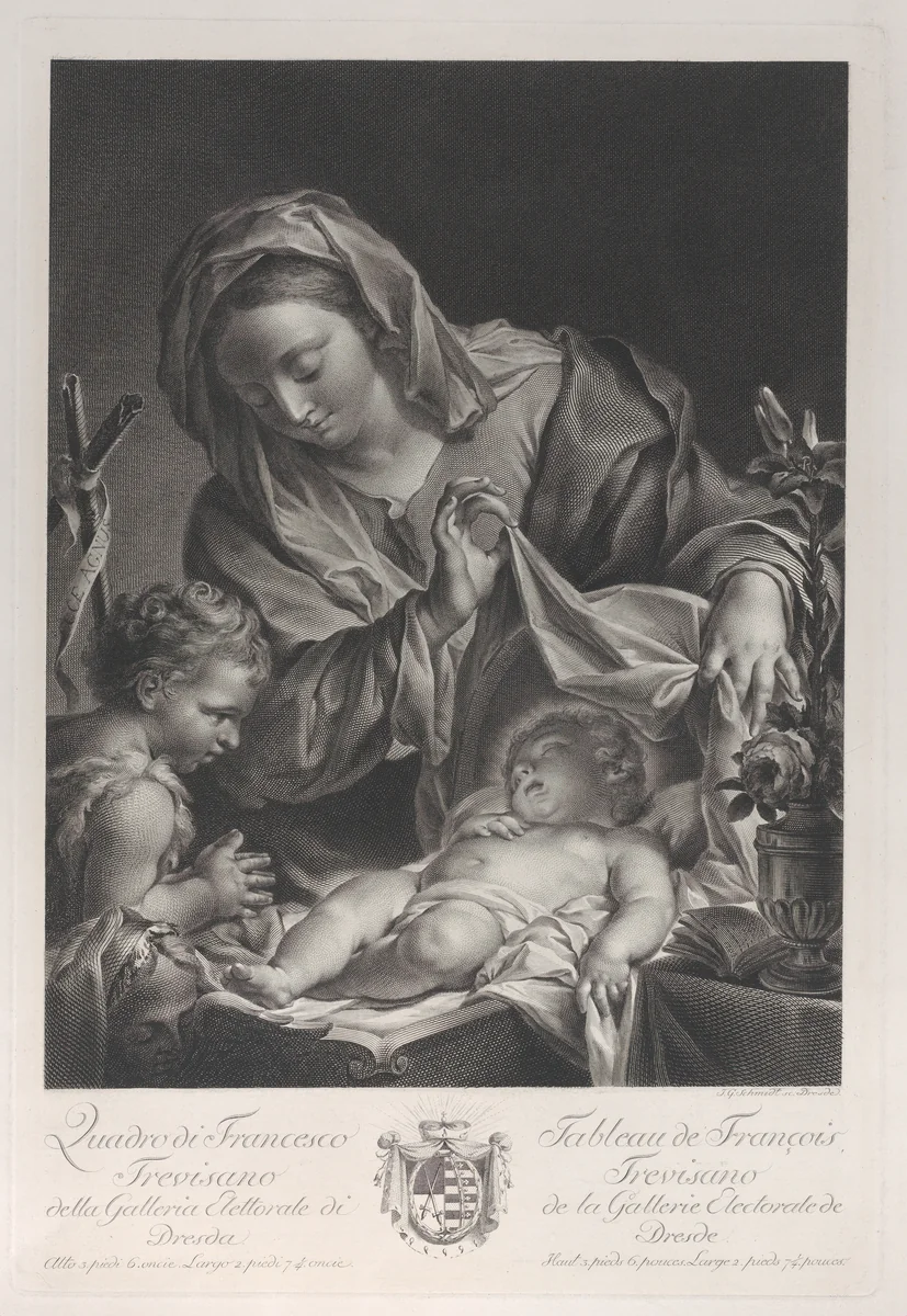 The Virgin and child with the infant Saint John the Baptist, with the Christ child lying on her lap and turning to kiss the Baptist by Johann Gottlieb Schmidt, print, 1760-1800