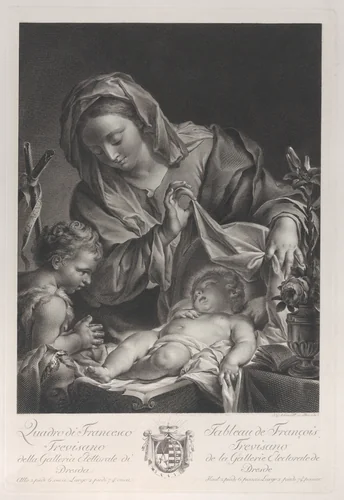 The Virgin and child with the infant Saint John the Baptist, with the Christ child lying on her lap and turning to kiss the Baptist by Johann Gottlieb Schmidt, print, 1760-1800