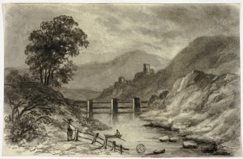 Mountain Stream with Boat by Elizabeth Murray, drawing, 1845-1882