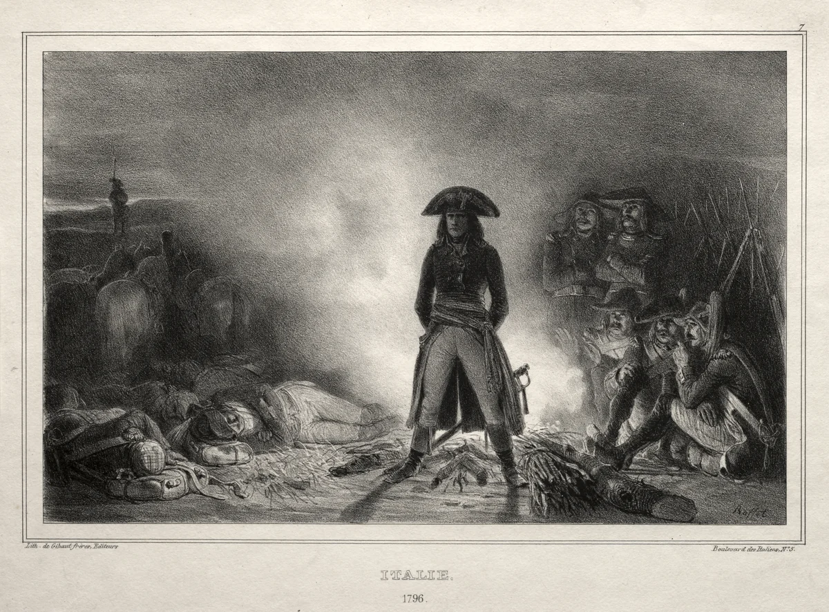 Album for 1836: Italy, 1796, Napoleon Bonaparte by Auguste Raffet, print, 1836