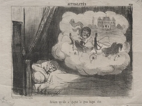 Dreaming that she won the big gold bar by Honoré Daumier, print, 1851
