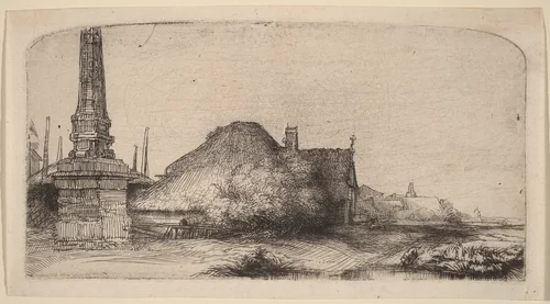 Landscape with an Obelisk by Rembrandt van Rijn, print, 1650