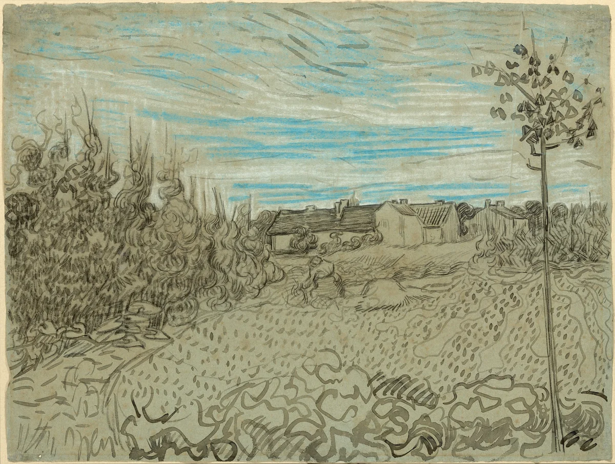 Cottages with a Woman Working in the Middle Ground by Vincent van Gogh, drawing, 1890