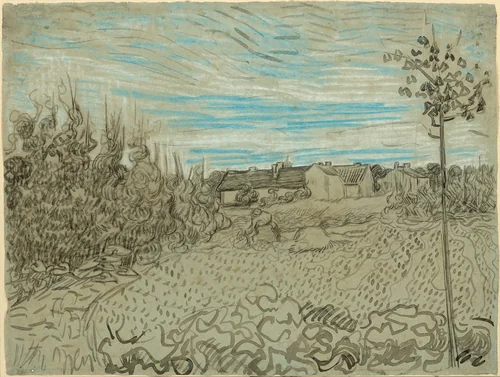 Cottages with a Woman Working in the Middle Ground by Vincent van Gogh, drawing, 1890