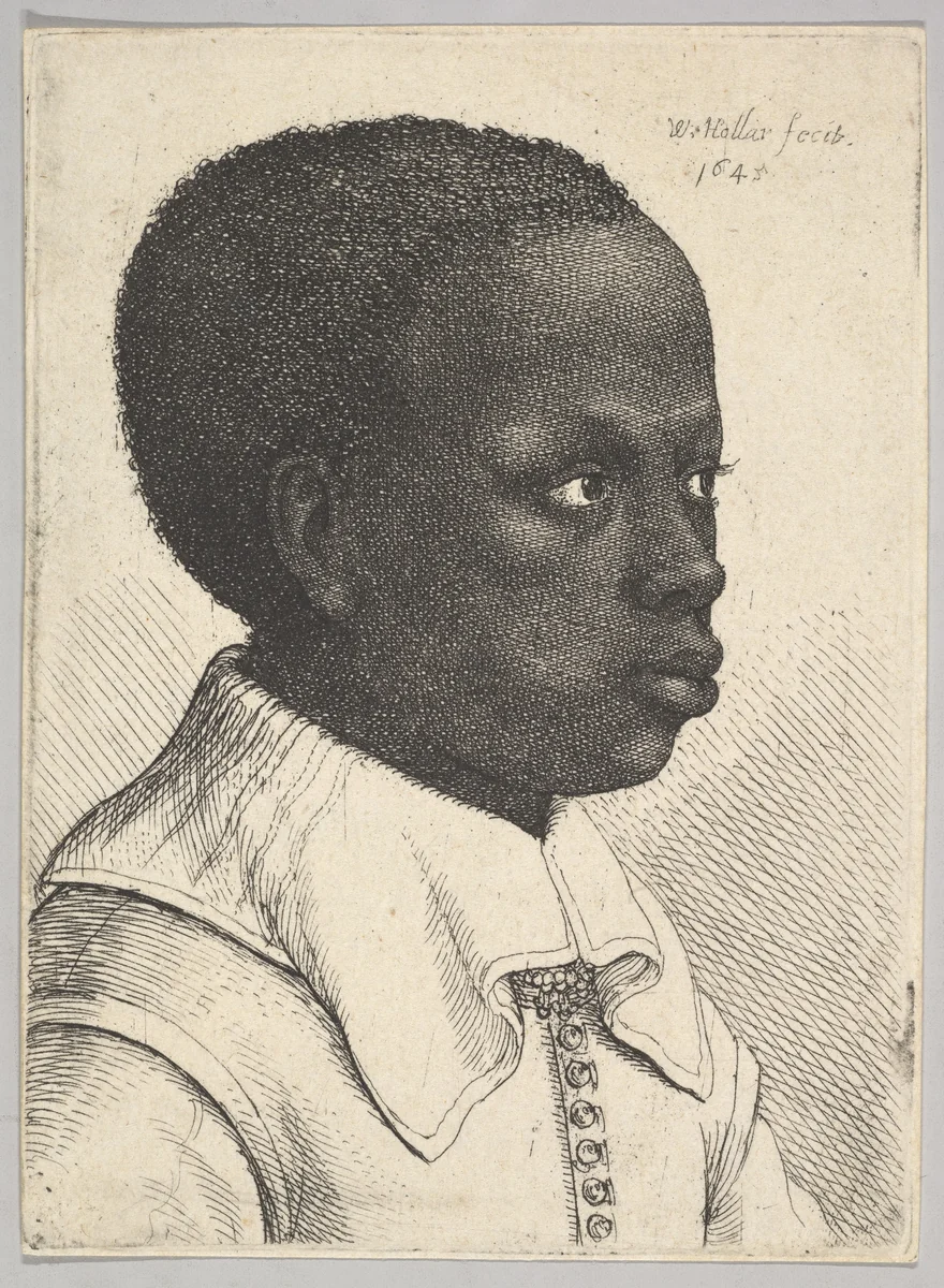 Head of a Young Black Boy in Profile to the Right by Wenceslaus Hollar, print, 1645