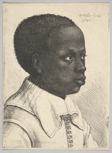 Head of a Young Black Boy in Profile to the Right by Wenceslaus Hollar, print, 1645