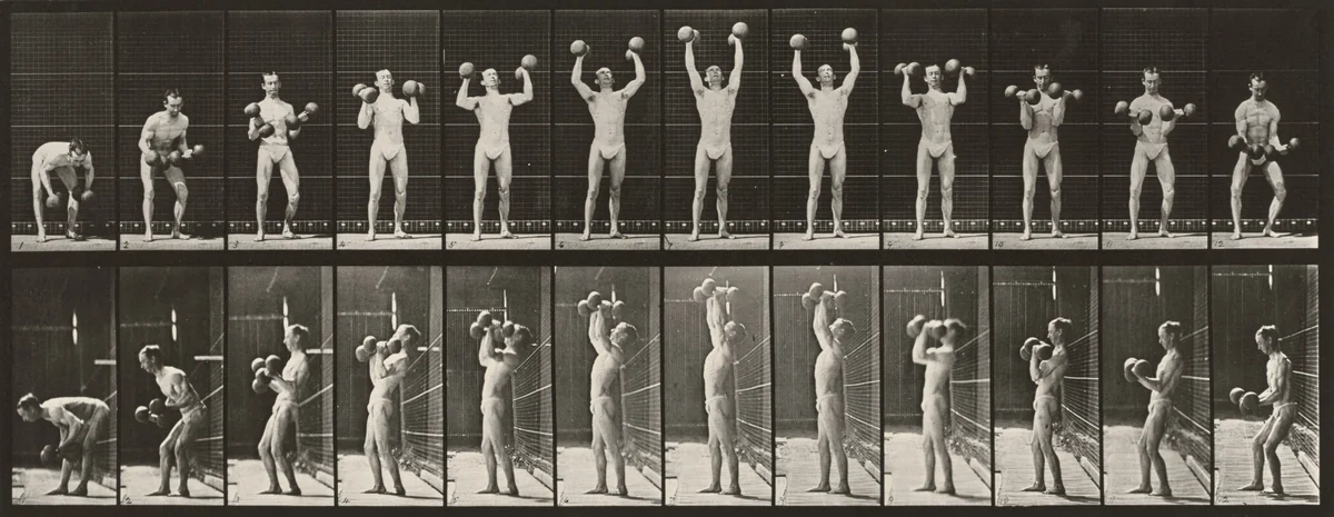 Plate Number 322. Lifting and letting down two 50-lb. dumbbells by Eadweard Muybridge, photograph, 1887