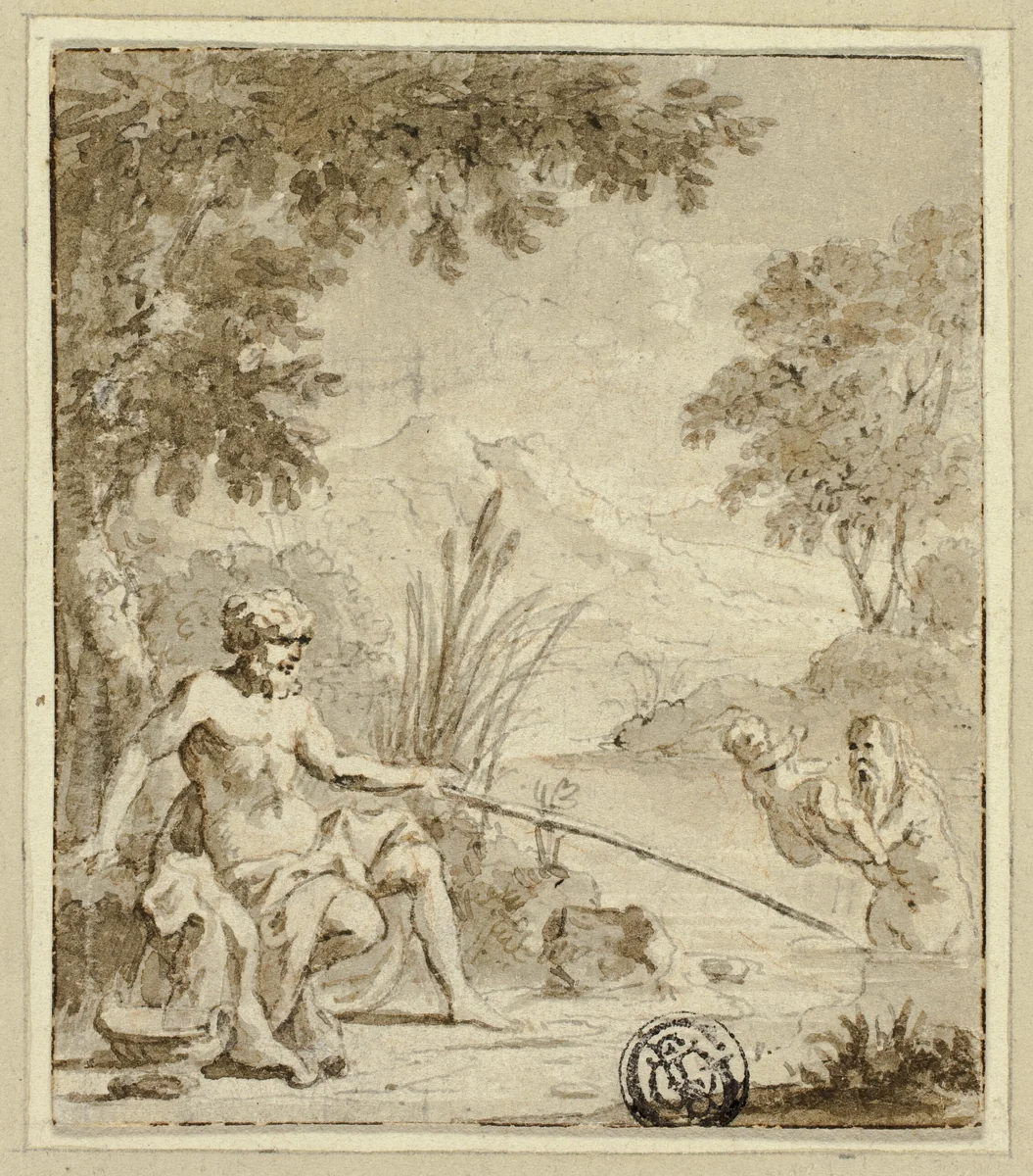 Mythological Birth of a God or Demi-God from a River by Jan Goeree, drawing, 1690-1731