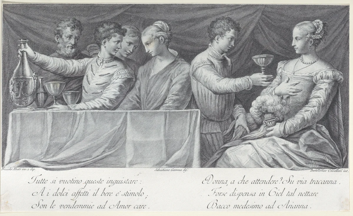 A group of elegantly dressed people drinking by Bartolomeo Crivellari, print, 1740-1768