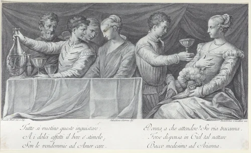 A group of elegantly dressed people drinking by Bartolomeo Crivellari, print, 1740-1768