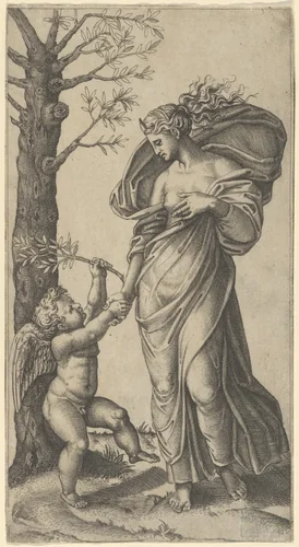An allegory of Peace; Peace personified as a woman standing in a landscape holding the left hand of a winged genius, tree at left by Marcantonio Raimondi, print, 1512-1522