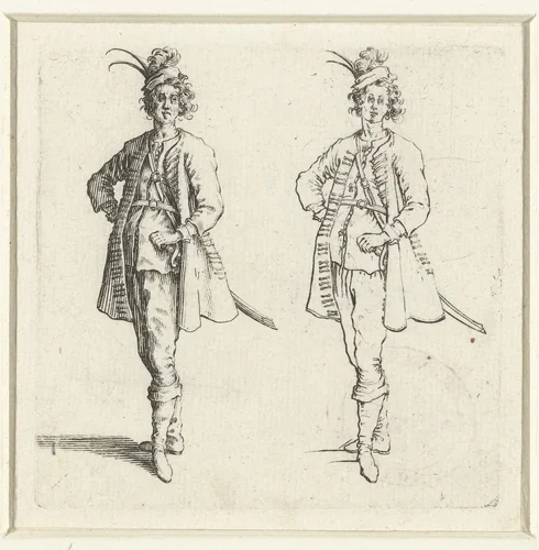 Tweemaal dezelfde soldaat met kleine gepluimde hoed en de hand in de zij, van voren gezien by Jacques Callot, print, 1621-1624