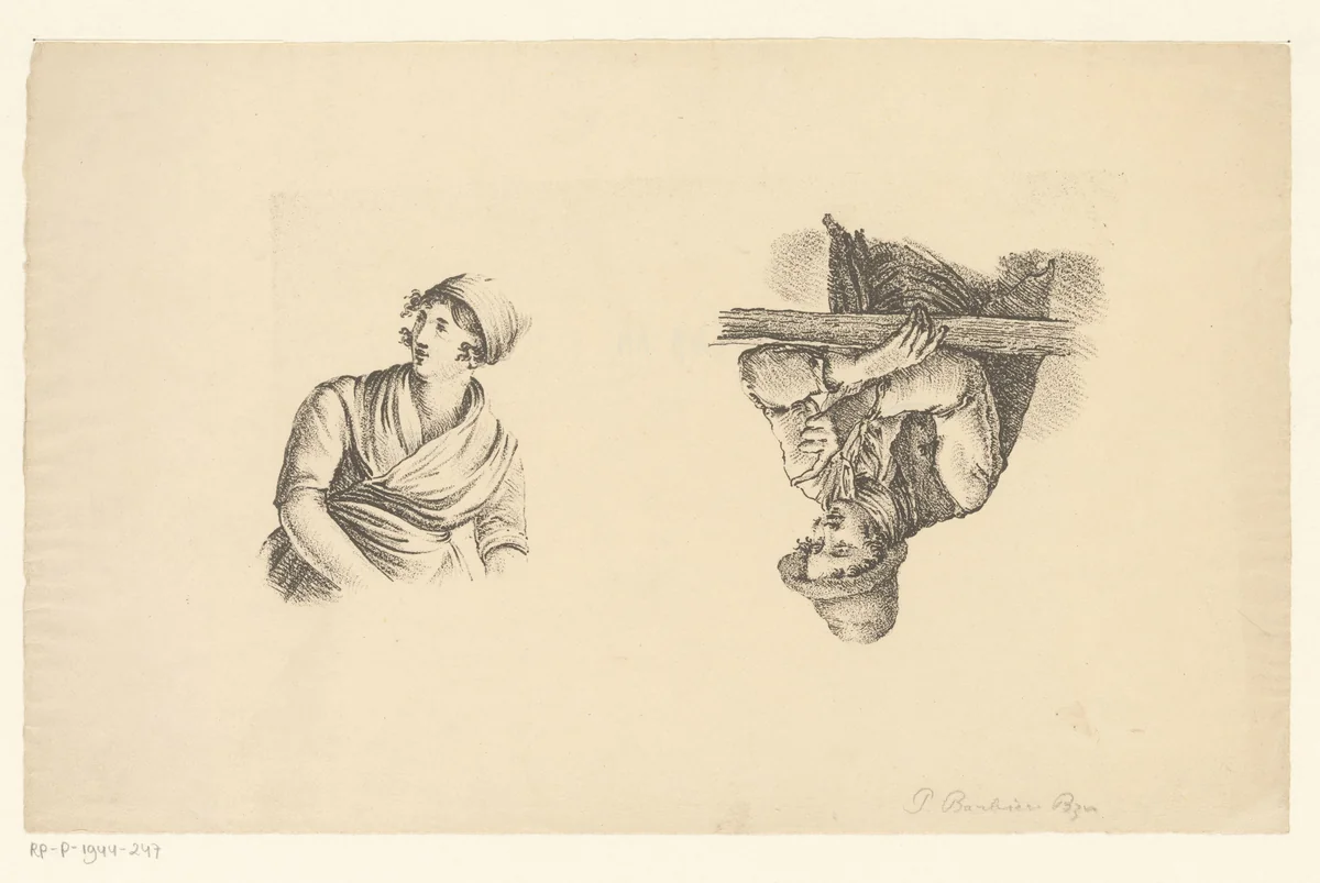 Een man en vrouw ten halve lijve by Pieter Bartholomeusz. Barbiers, print, 1809-1837