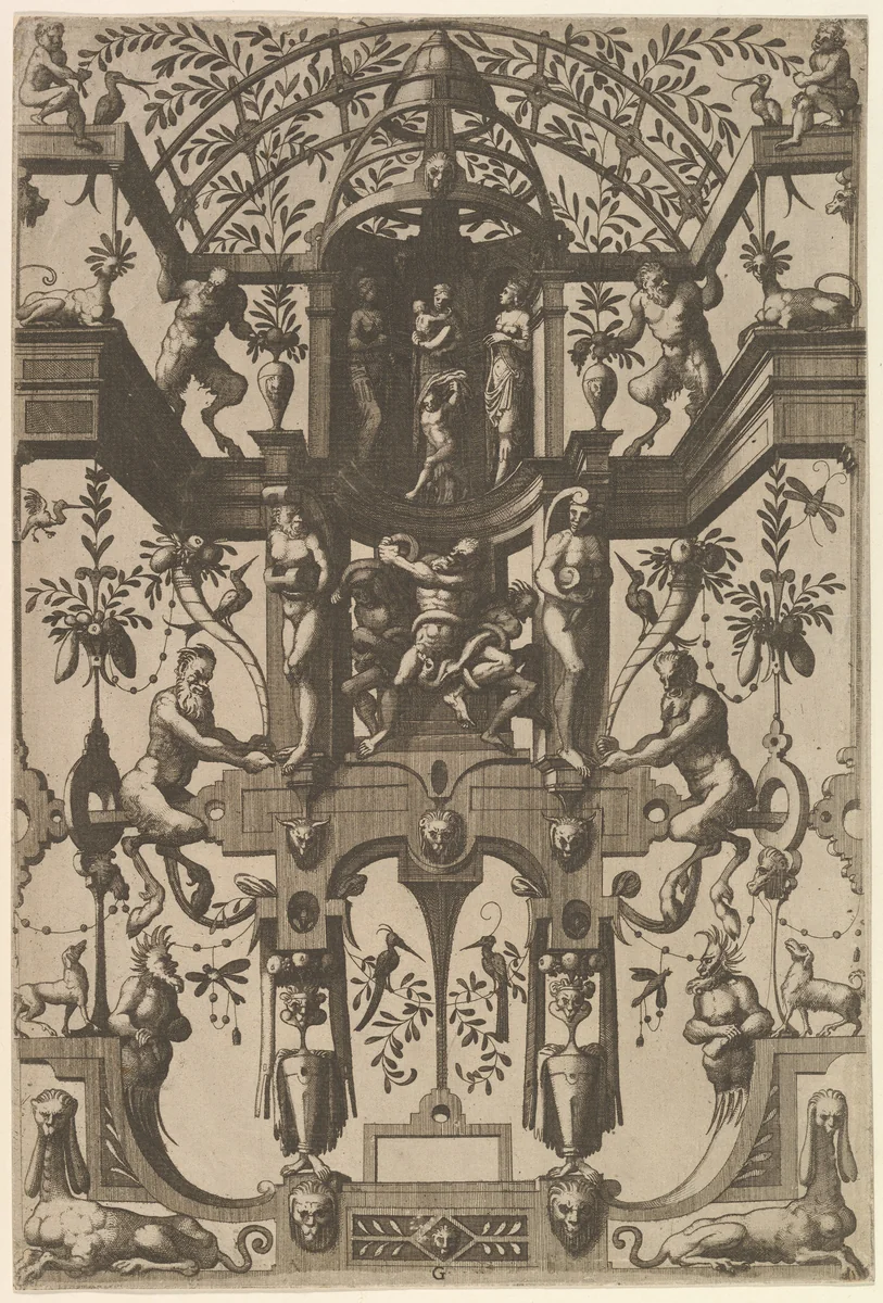 Surface Decoration, Grotesque with Strapwork, including Double Wall Niche, at the Top the Christian Virtues Faith, Hope and Charity, at the Center the Laocoon from Veelderleij Veranderinghe van grotissen ende Compertimenten...Libro Primo by Johannes van Doetecum, book, 1556