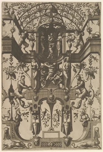 Surface Decoration, Grotesque with Strapwork, including Double Wall Niche, at the Top the Christian Virtues Faith, Hope and Charity, at the Center the Laocoon from Veelderleij Veranderinghe van grotissen ende Compertimenten...Libro Primo by Johannes van Doetecum, book, 1556
