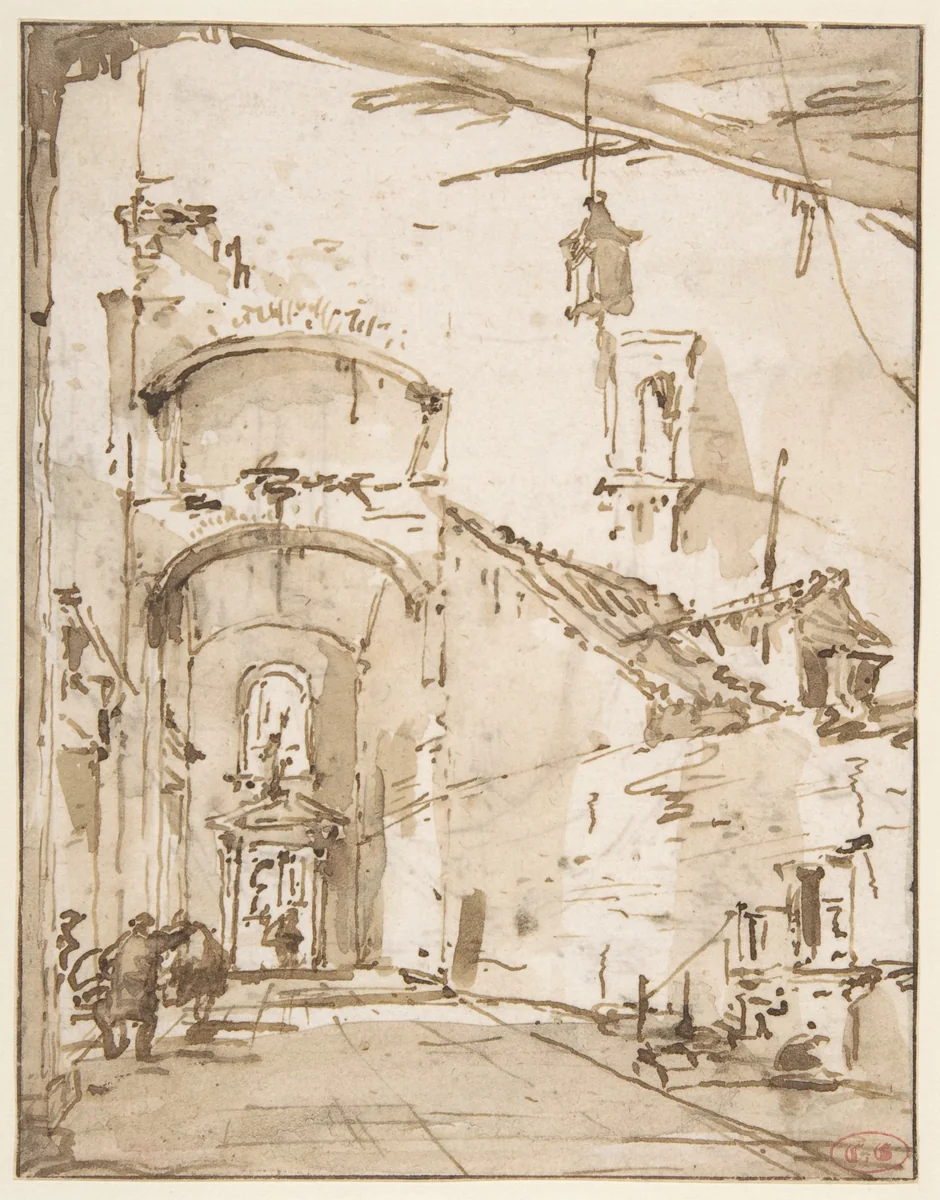 Architectural Capriccio: A Vaulted Passageway (recto); Ruined Loggia (verso) by Francesco Guardi, drawing, 1725-1793