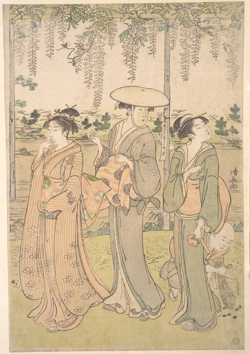 Three Women and a Small Boy beneath a Wisteria Arbor on the Bank of a Stream by Torii Kiyonaga (鳥居清長), print, 1780-1800