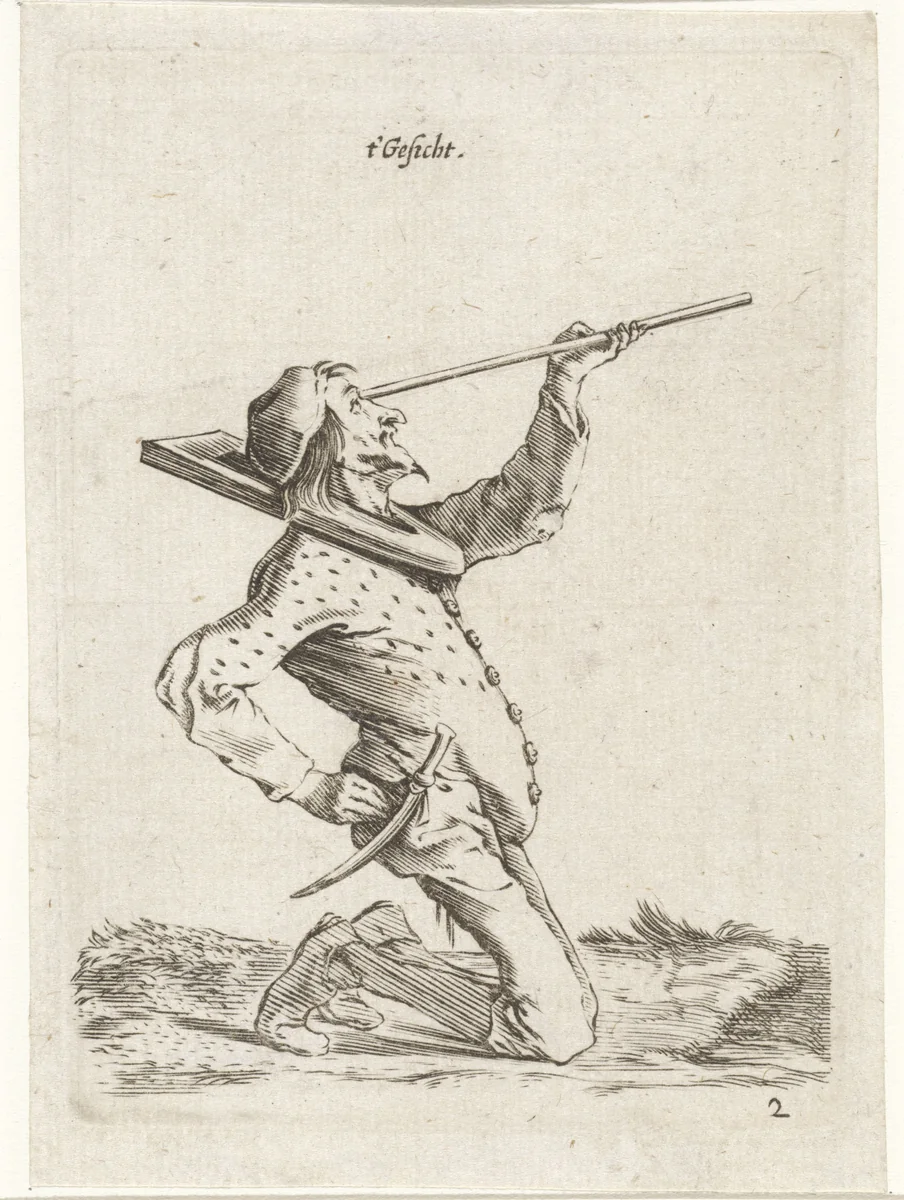 Man die langs een stok tuurt by Cornelis Saftleven, print, 1645-1706