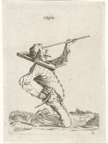 Man die langs een stok tuurt by Cornelis Saftleven, print, 1645-1706