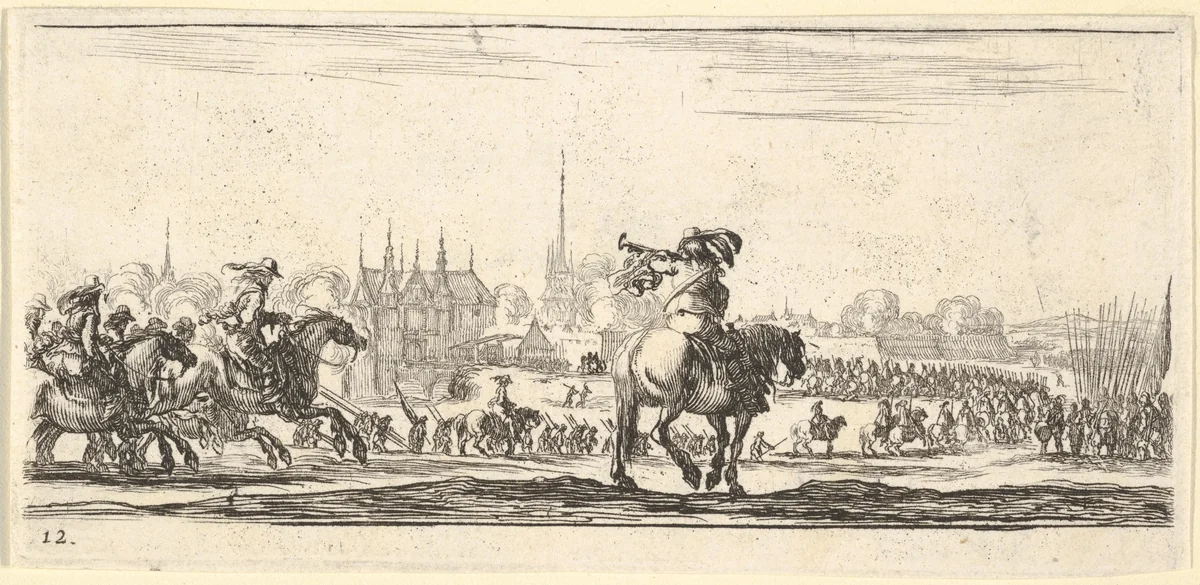 Plate 12: a procession of troops enter a city, horseman in center playing a trumpet towards the left, horsemen at left galloping towards the right, from "Troops, cannons, and attacks on towns" (Dessins de quelques conduites de troupes, canons, et ataques de villes) by Stefano della Bella, print, 1635-1645