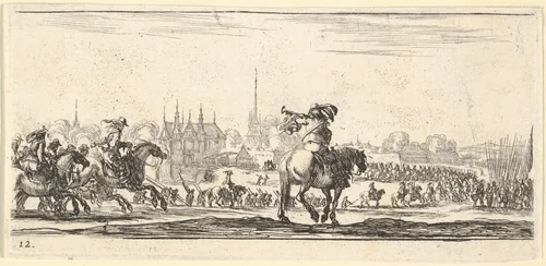 Plate 12: a procession of troops enter a city, horseman in center playing a trumpet towards the left, horsemen at left galloping towards the right, from "Troops, cannons, and attacks on towns" (Dessins de quelques conduites de troupes, canons, et ataques de villes) by Stefano della Bella, print, 1635-1645