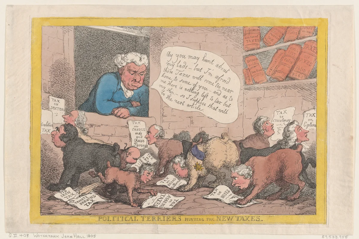 Political Terriers Hunting for New Taxes by Thomas Rowlandson, print, 1806