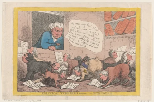 Political Terriers Hunting for New Taxes by Thomas Rowlandson, print, 1806